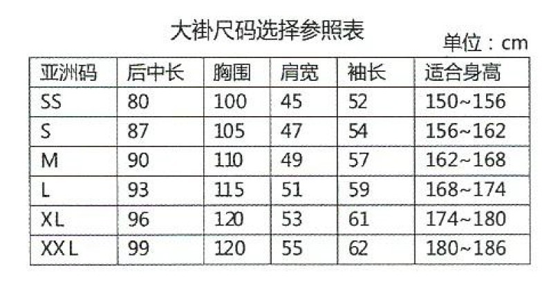 防靜電大褂子碼數表